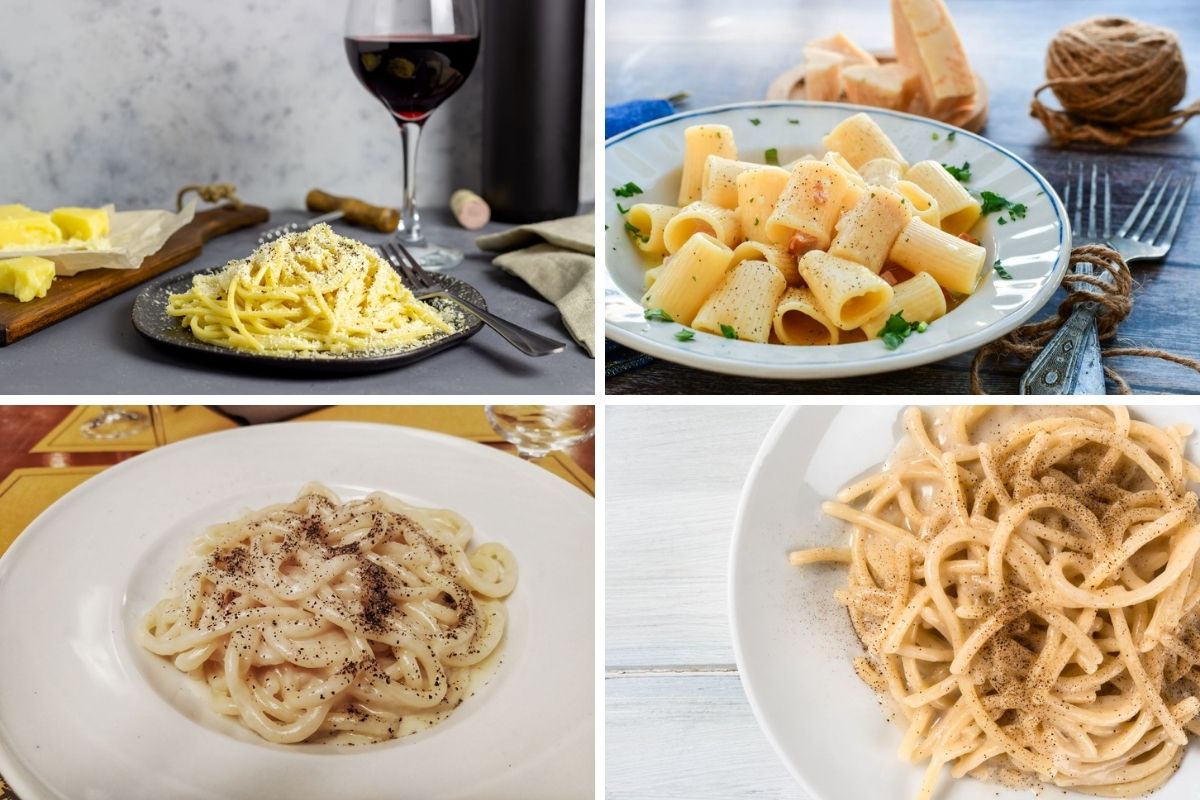 cacio e pepe with different pasta shapes: bucatini, rigatoni, pici, tonnarelli